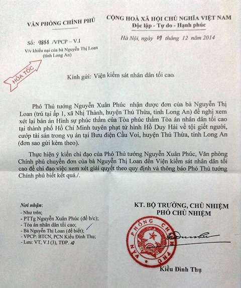 Vụ Hồ Duy Hải được hoãn án tử - 6: Phó Thủ tướng gửi công văn hỏa tốc tới VKS Nhân dân tối cao 